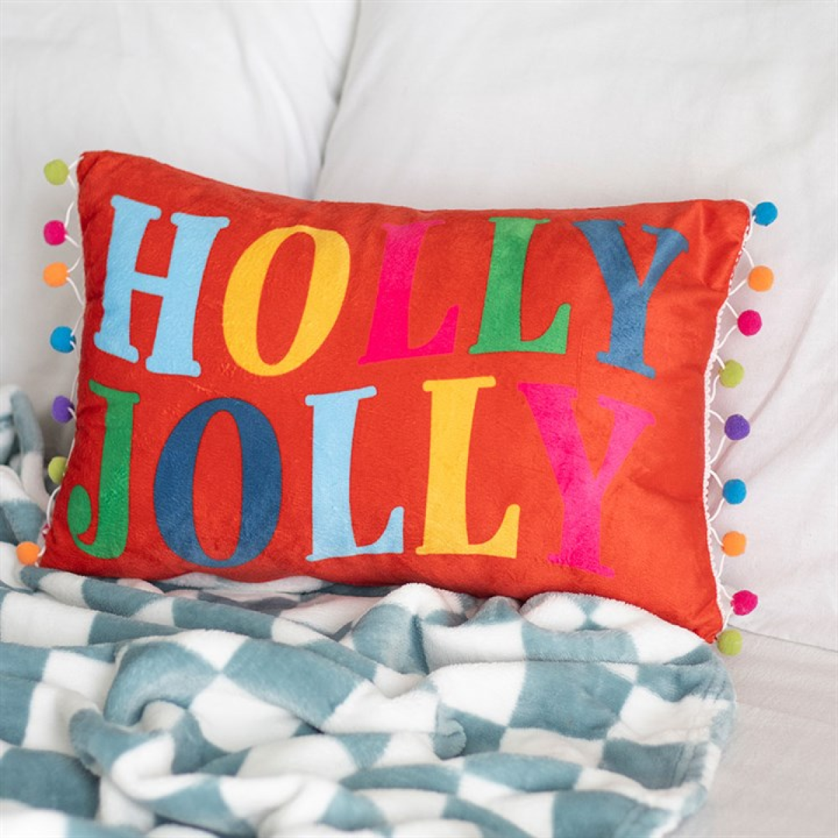 Red Holly Jolly Cushion with Pom Poms